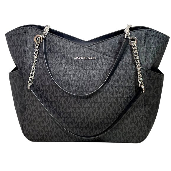 Michael Kors Jet Set Large Chain Shoulder Tote Bag Black Signature Logo - Picture 1 of 16